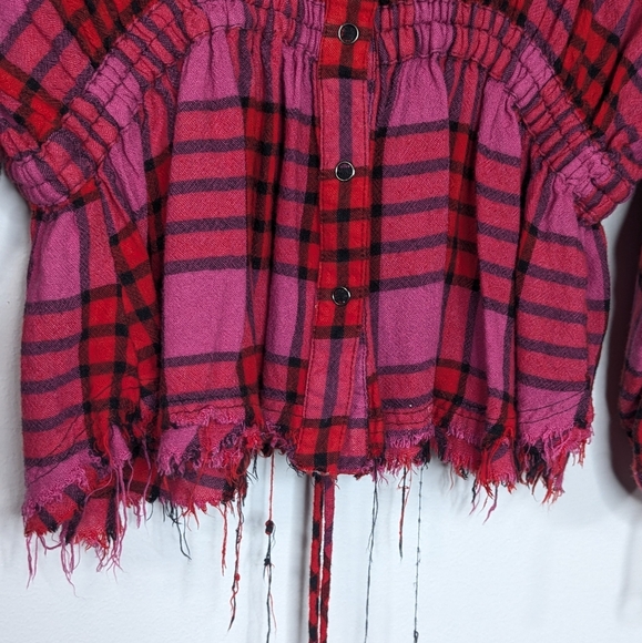 We The Free Pacific Dawn‎ Drawstring Button Down Wool Blend Plaid Top Red Pink M - Picture 7 of 8